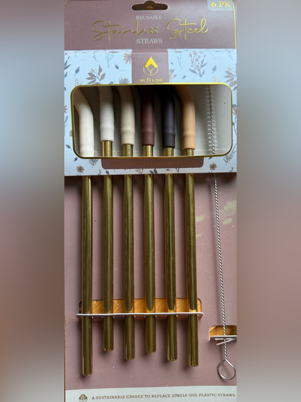 🫶🏻 Wellness Reusable Straws Set with Gold Metal Handles & Cleaning Brush